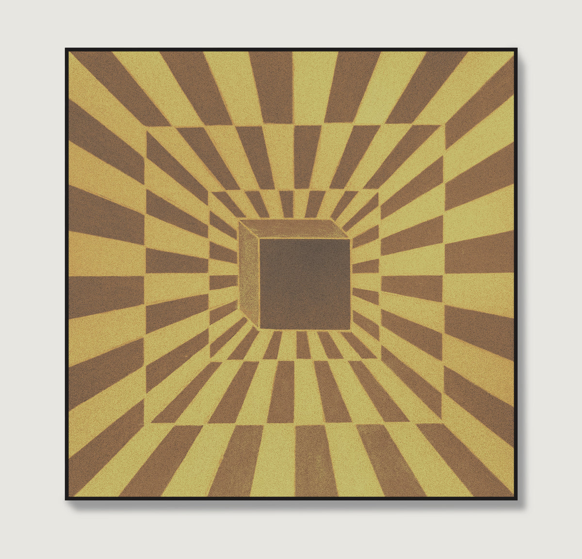 Op art print design with brown and yellow stripes on a white background.