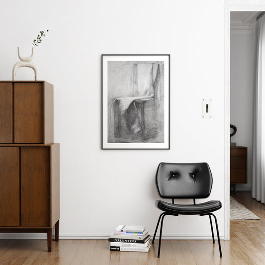 Classic academic pencil drawing art print in a minimalist interior.