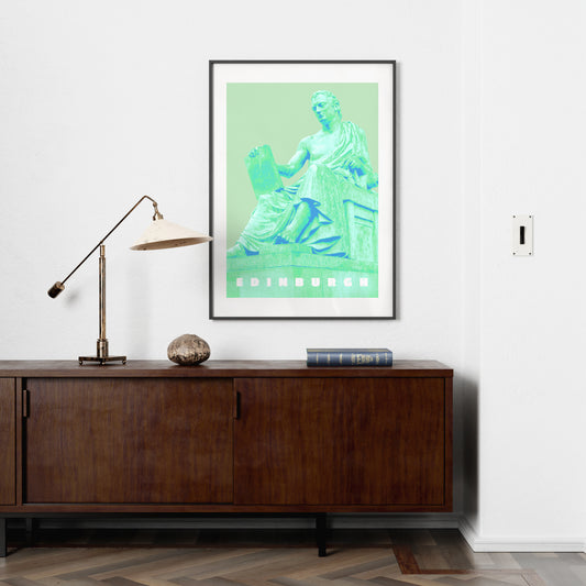 Travel poster Edinburgh landmark green art print in a minimalist interior.