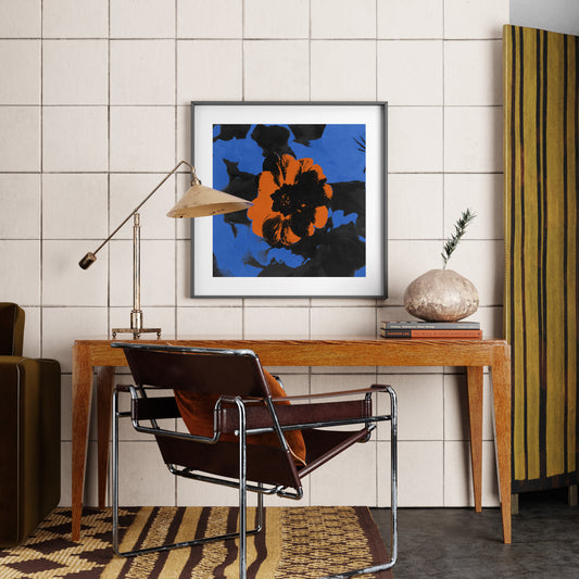 Pop art print with red flower, in an eclectic interior.