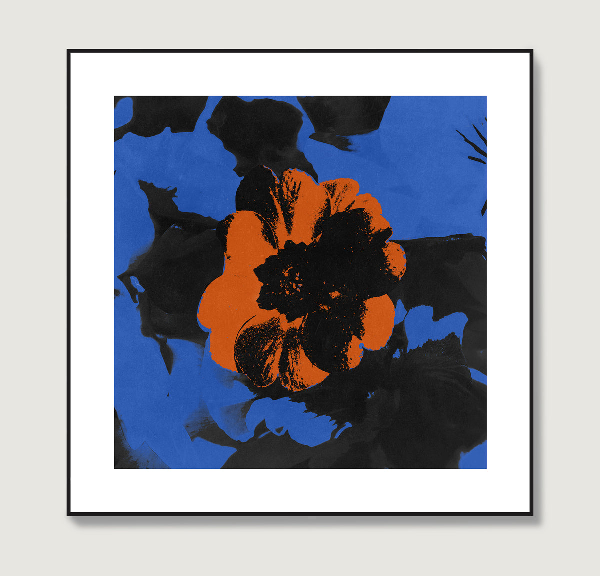 Vivid pop art print with red central flower on a blue background.