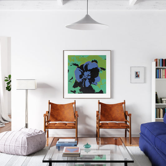 Pop art print with flower in a bright modern interior.