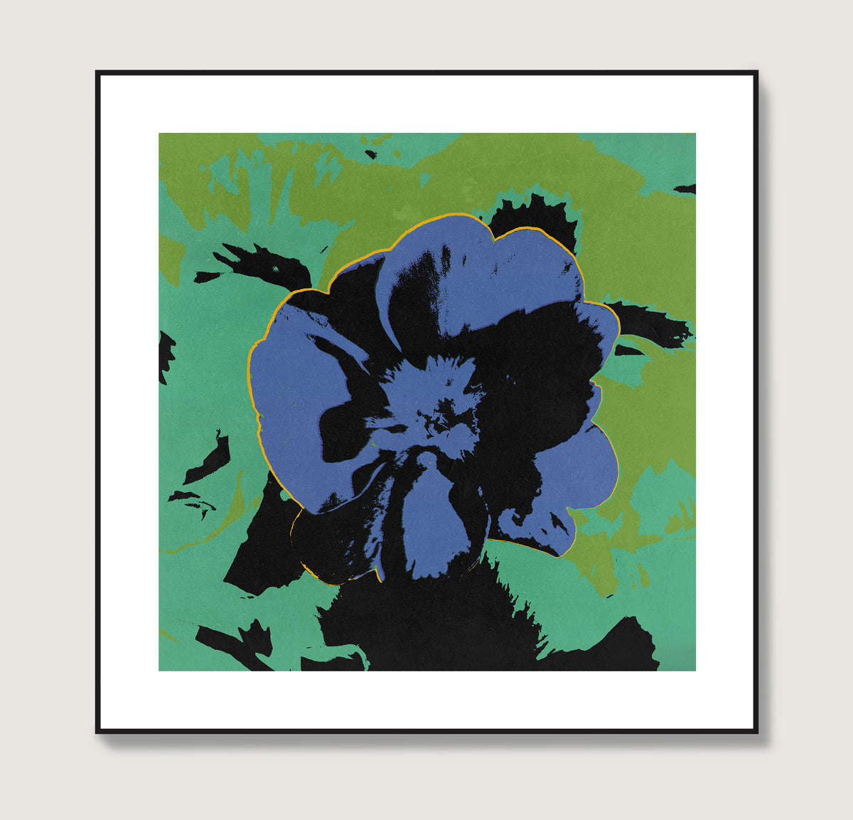 Pop art print with a blue flower on a green background.