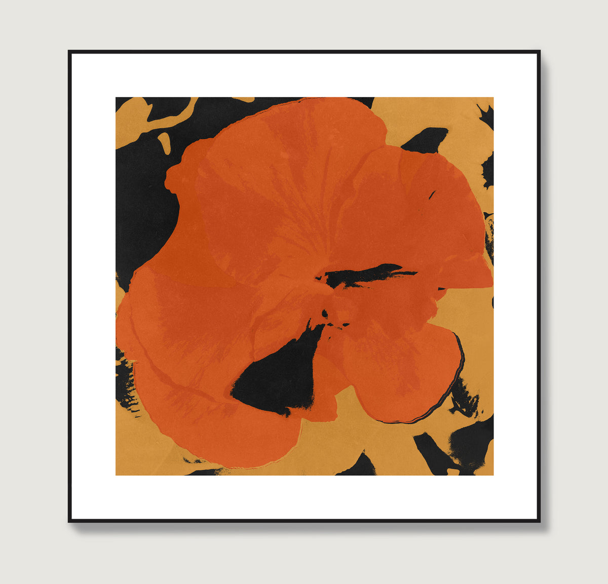 Pop art print with a big red flower on a beige background.