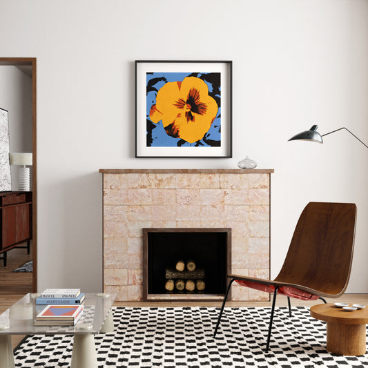 Pop art print with flower, in an eclectic interior.