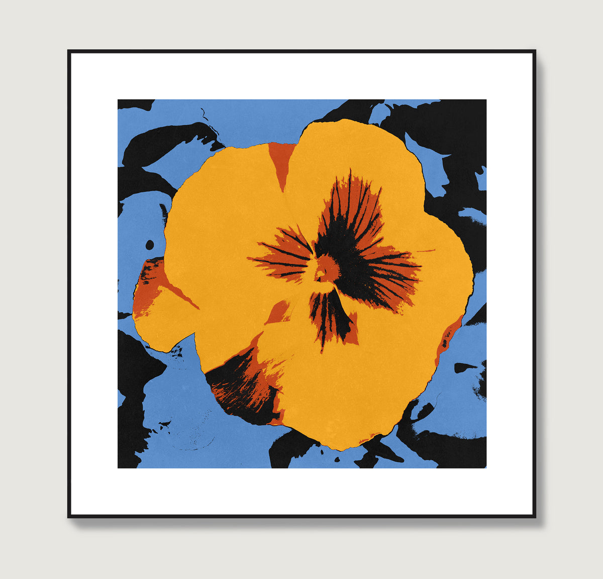 Pop art vivid print with an intense yellow flower on a blue background.