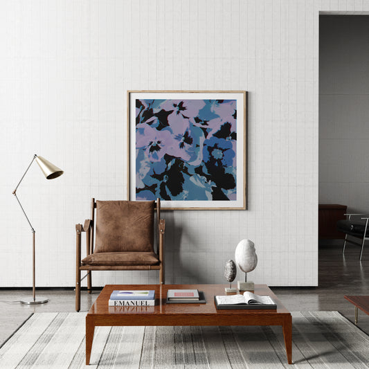 Pop art print with flowers in a modern minimalist interior.