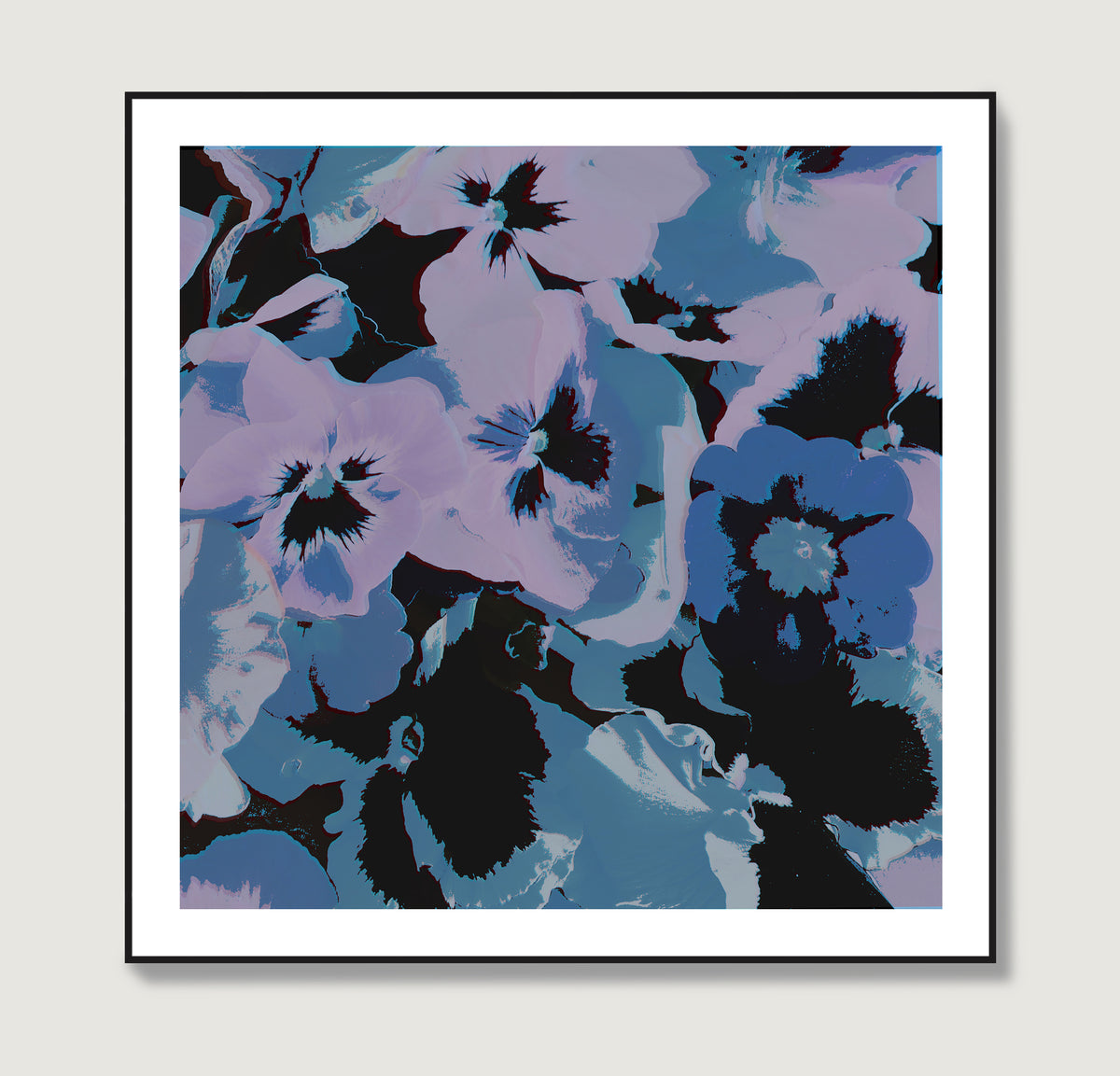Pop art print with blue and pink flower.