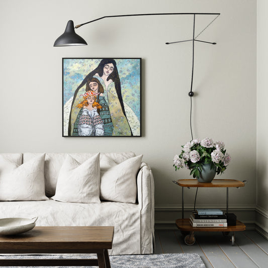 Living room with a painting of a woman and child on the wall, a sofa, coffee table, and side table with flowers.