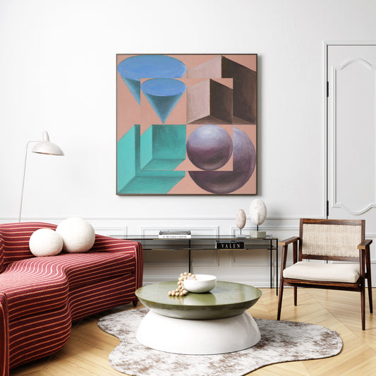 Colorful artistic geometric art print in a parisian chic living room.