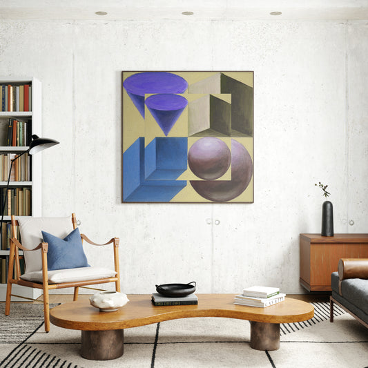Pastel colors artistic geometric art print in a brutalist living room.