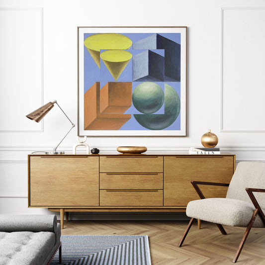 Colorful and playful geometric art print in a sophisticated living room.