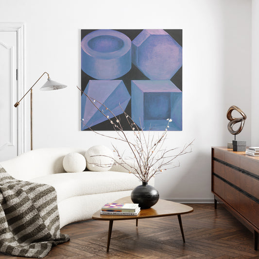 Blue geometric shapes on a black background art print, in a parisian chic interior.