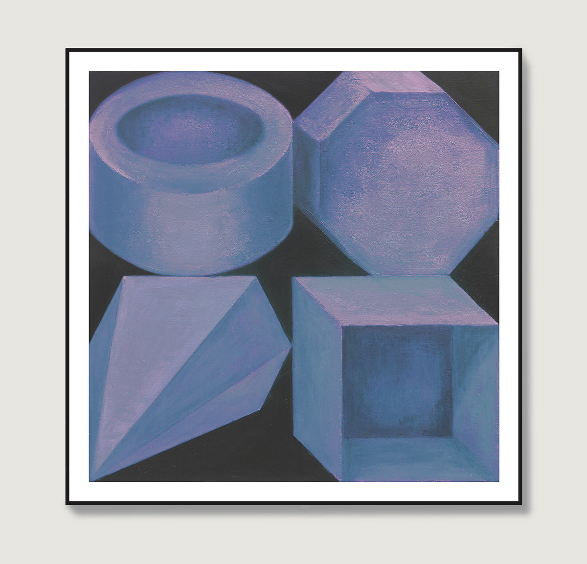 Blue geometric shapes on a black background art print.