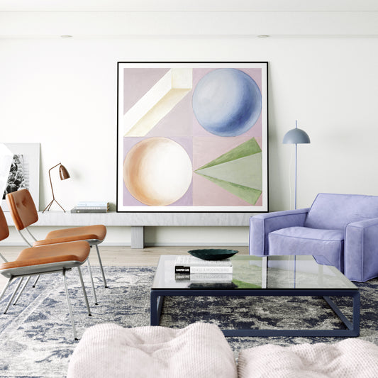 Bright pastel colors artistic geometric art print, in a modern, designed living room.