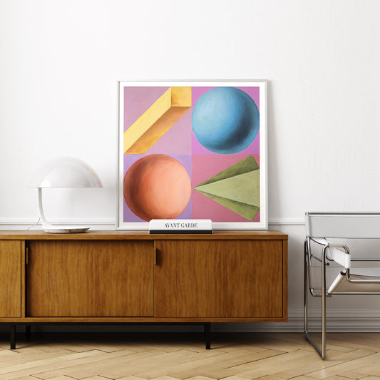Intense colors playful and colorful geometric art print, in a chic interior.