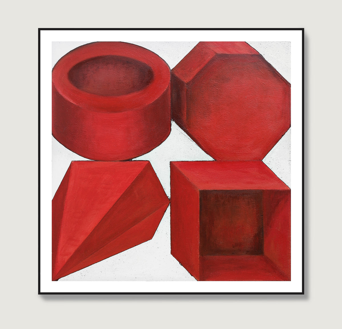Red geometric shapes on a white background art print.