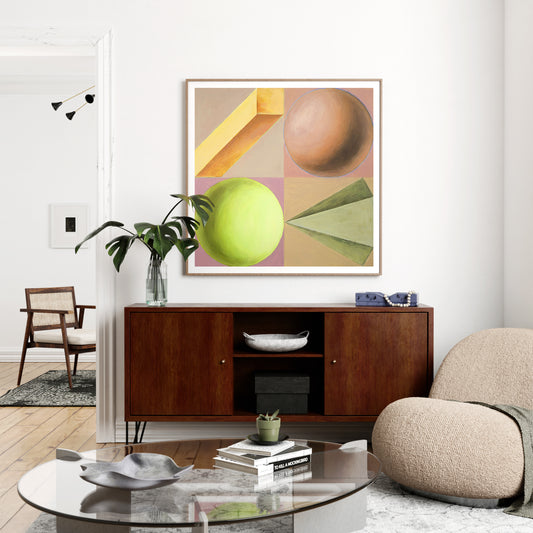 Pastel colors playful geometric shapes art print in an elegant, modern interior.