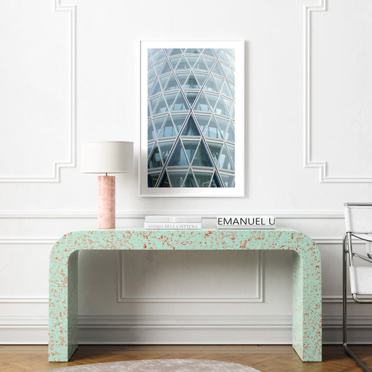 Abstract, geometric, modern architectural corner of Milan, pale blue photography art print in a bright interior.