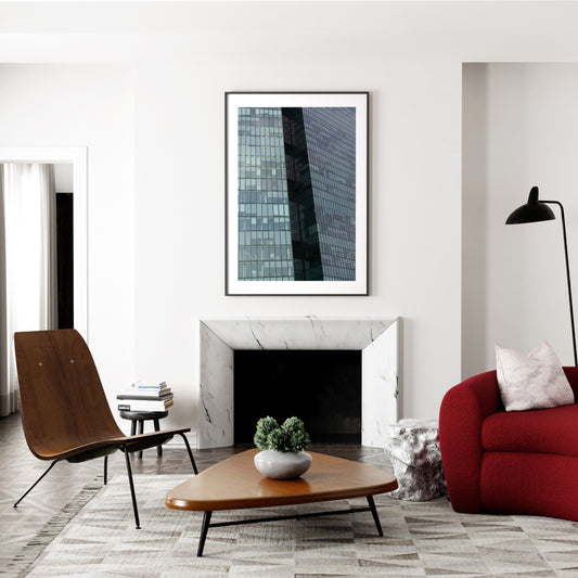 Modern Vienna glass building, urban photography, monochrome art print in a luxury living room.