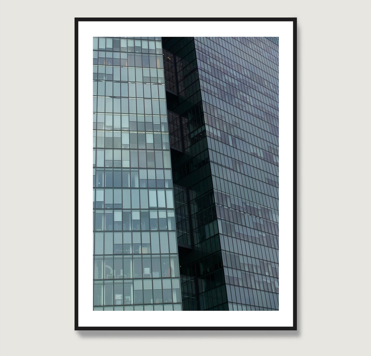 Modern Vienna glass building, urban photography, monochrome art print.