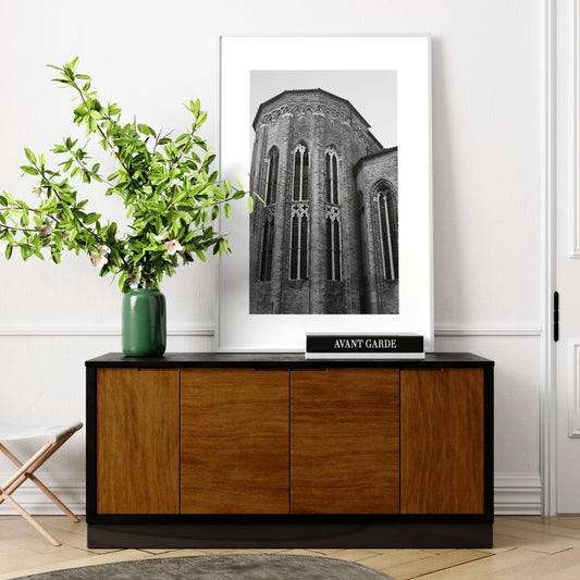 Gothic Venetian church, black and white artistic photography art print in a Parisian chic interior.
