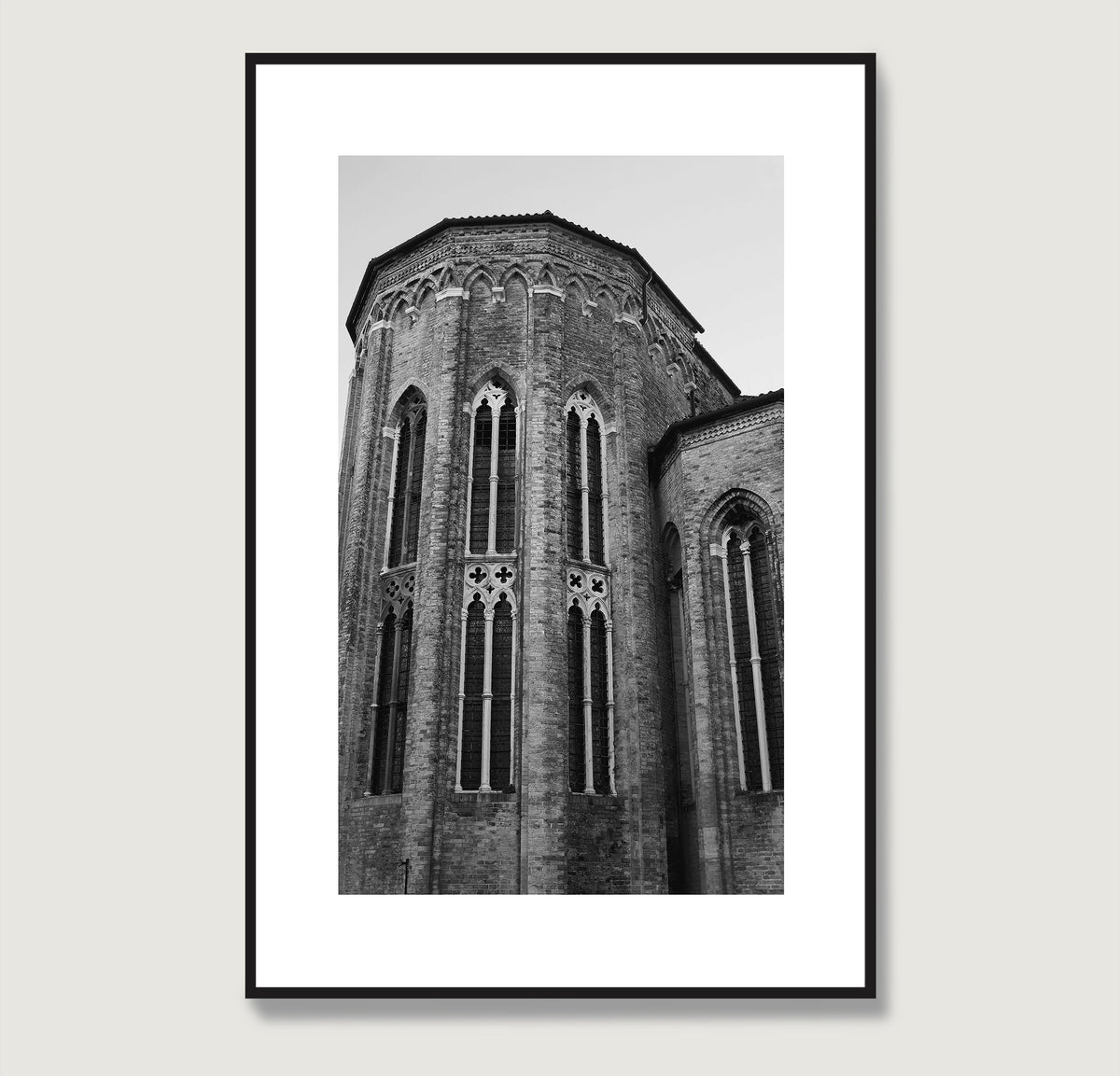 Gothic Venetian church, black and white artistic photography art print.
