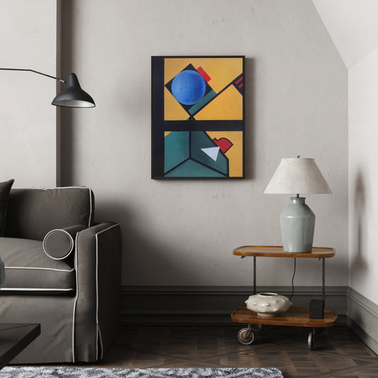 Colorful abstract geometric contemporary painting in a moody interior.