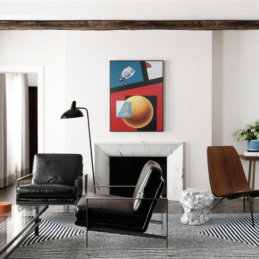 Intense colors abstract contemporary painting in a bright, eclectic interior.