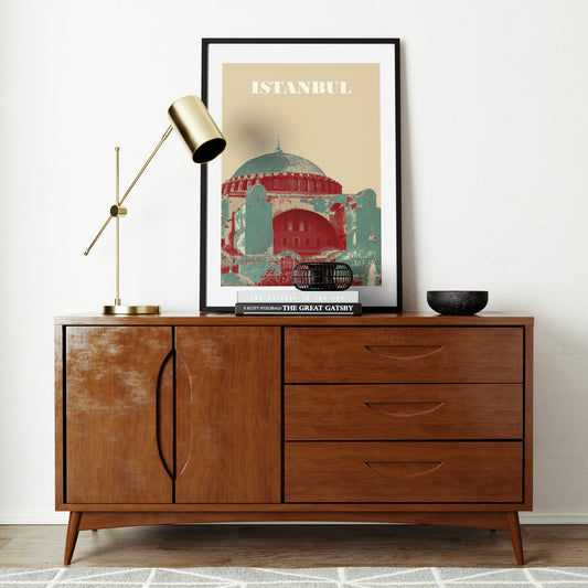 Travel poster Istanbul landmark art print on a vintage solid wood sideboard.