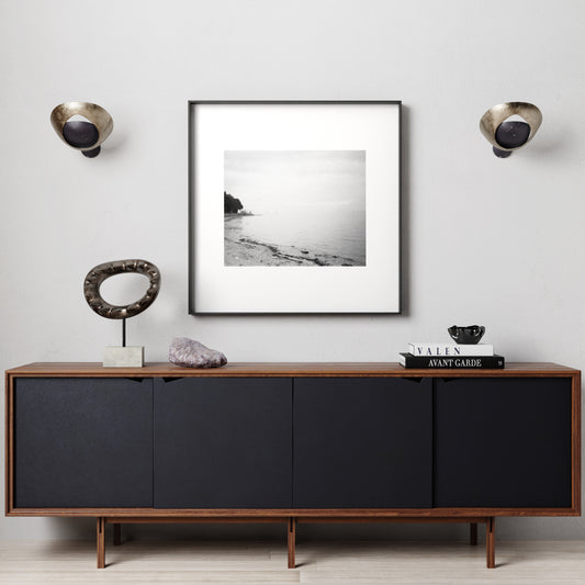 Lake Garda vintage, artistic, moody landscape photography, black and white art print in a modern space.