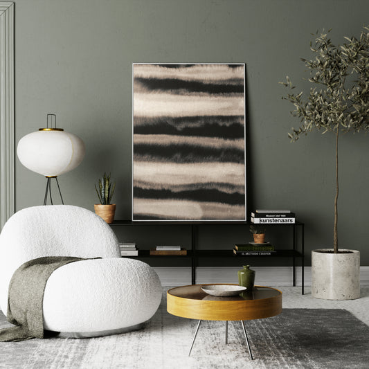 Monochrome watercolor abstract lines art print in a modern chic interior.