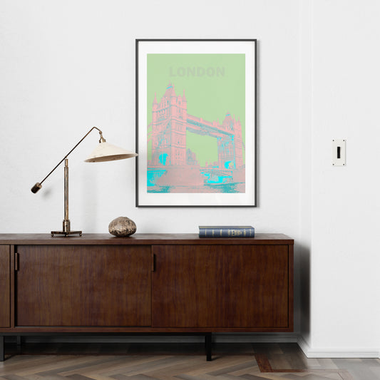 Travel poster London landmark red and green art print in a minimalist space.