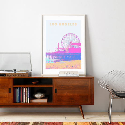 Travel poster Los Angeles landmark colorful art print in a vintage style interior.