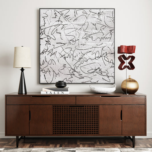 Black and white, abstract lines, contemporary art print in an elegant interior.