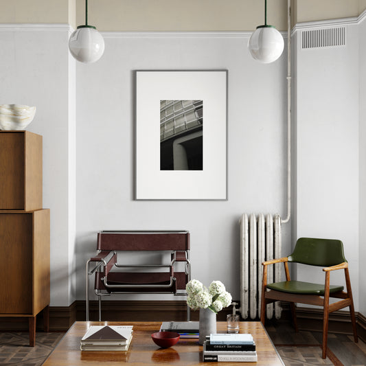 Modern architecture, monochrome photography art print in a vintage style interior.