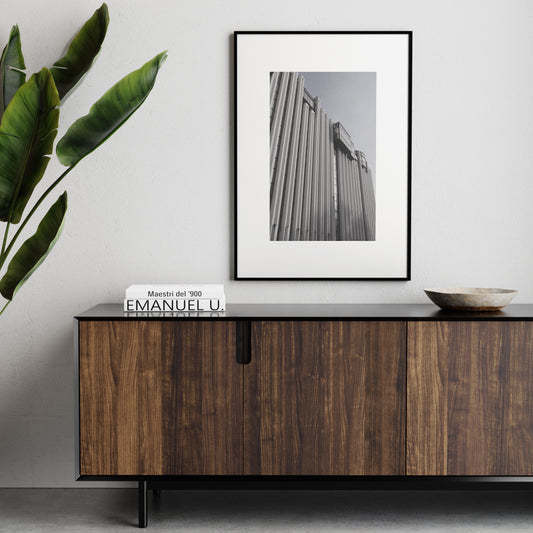 Brutalist, monumental architecture, photography art print in a natural style interior.