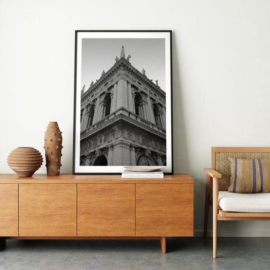 Corner of a classic Venetian building, artistic black and white photography art print in a natural style interior.