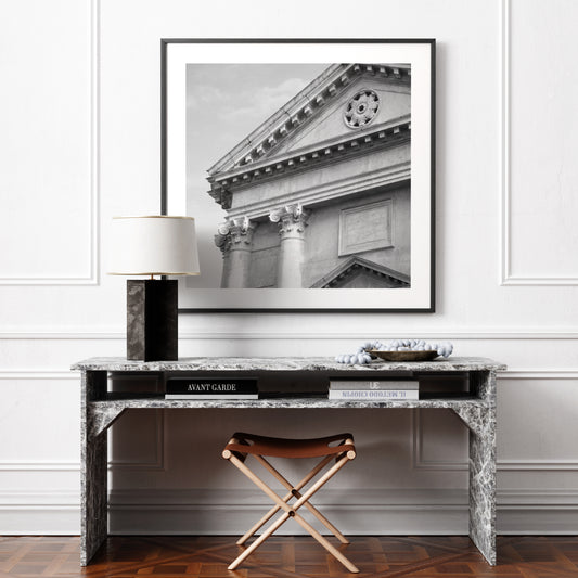 Monumental, classic architectural corner of Venice, black and white photography art print in a luxury interior.