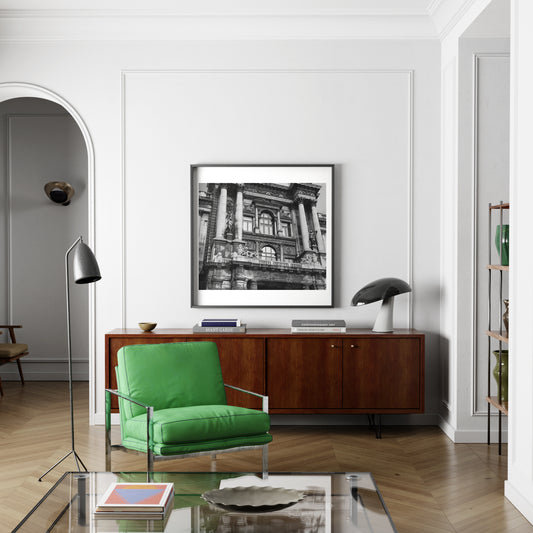 Vienna black and white architectural photography art print in a large living room.