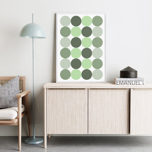 Minimalist green graphic art print in a bright interior.