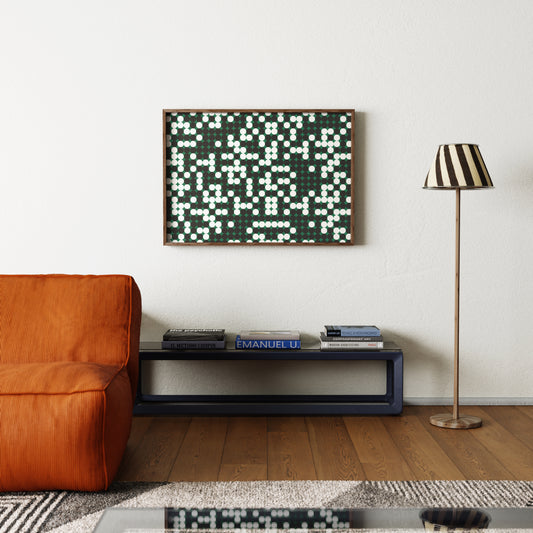 Living room with orange sofa, black coffee table, striped lamp and framed art print on wall.