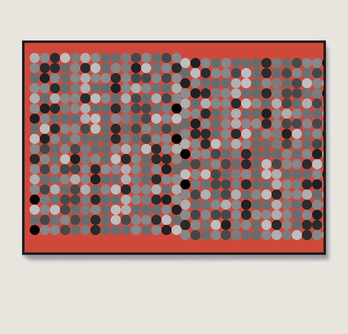 Black and white dots on a red background, contemporary graphic art print.