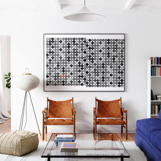 Black and grey dots on a white background, contemporary graphic art print, in a modern living room.