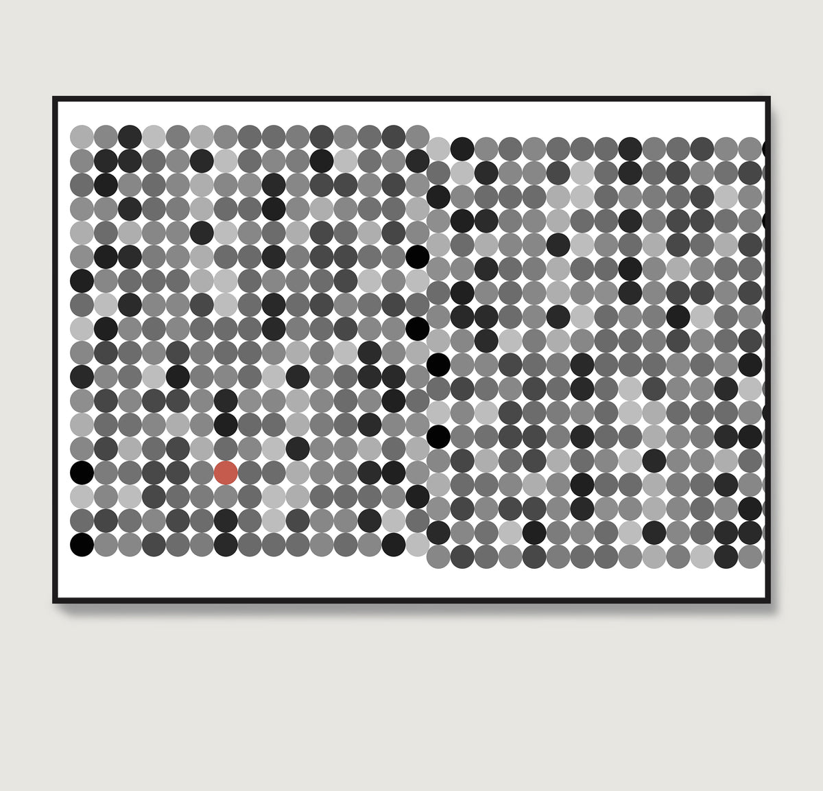 Black and grey dots on a white background, contemporary graphic art print.