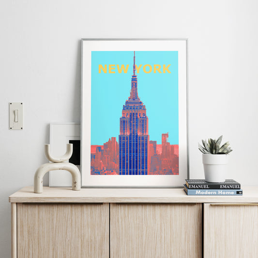 Travel poster New York landmark art print on a sideboard.