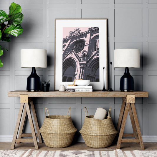 Cathedral facade pop art art print in a farmhouse interior.
