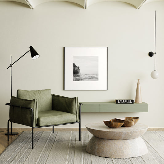 Vintage black and white landscape photography art print in a Scandinavian interior.