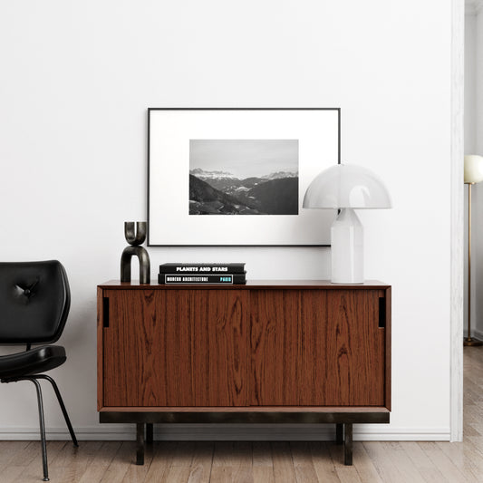 Mountain landscape black and white vintage photography art print in a bright interior.