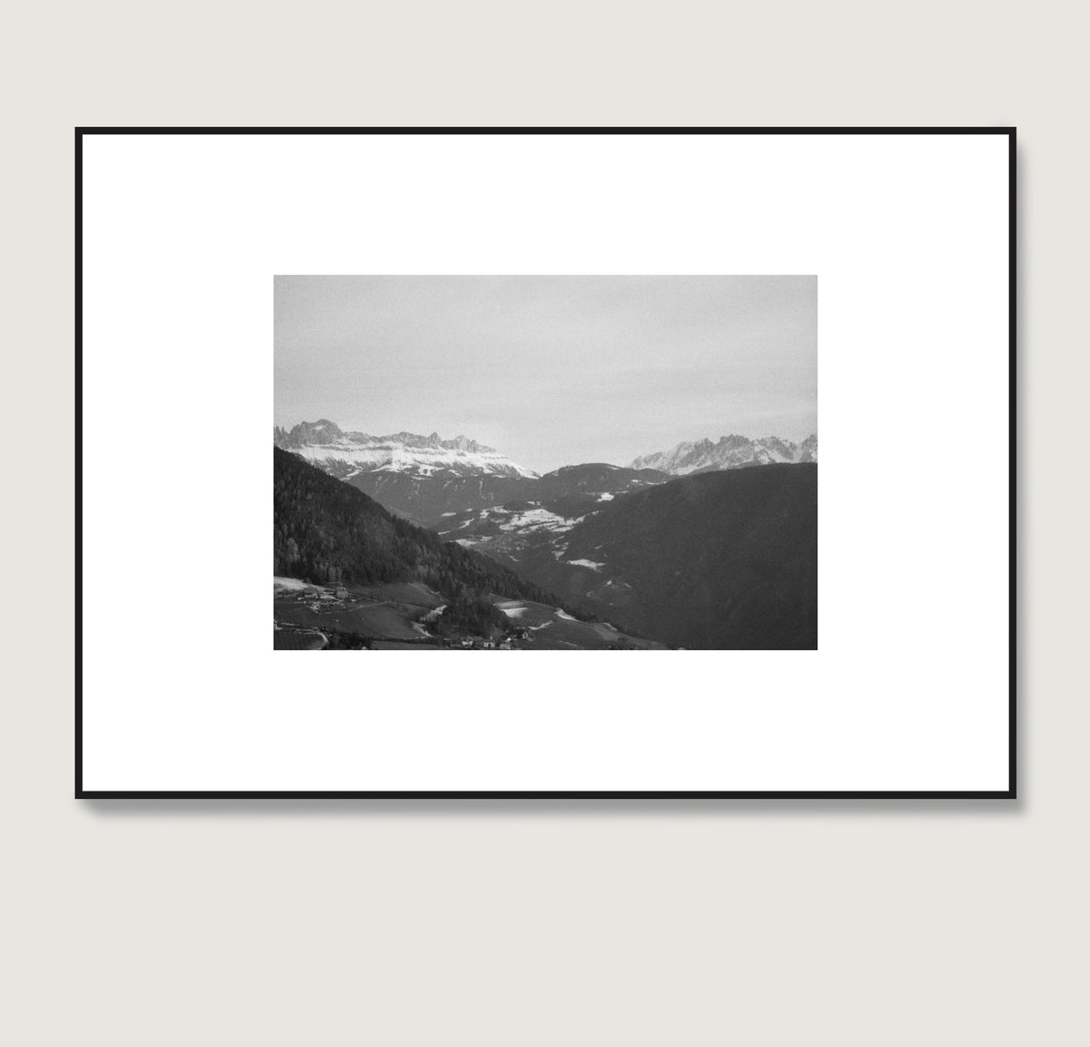 Mountain landscape black and white vintage photography art print.